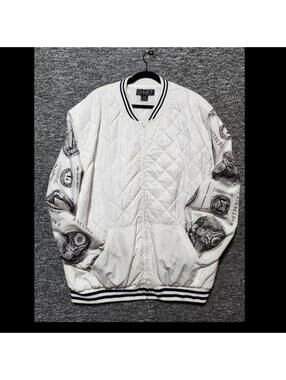 G-NET Men's White Quilted Bomber Jacket Graphic Logo Zip Pockets 3XL Big & Tall